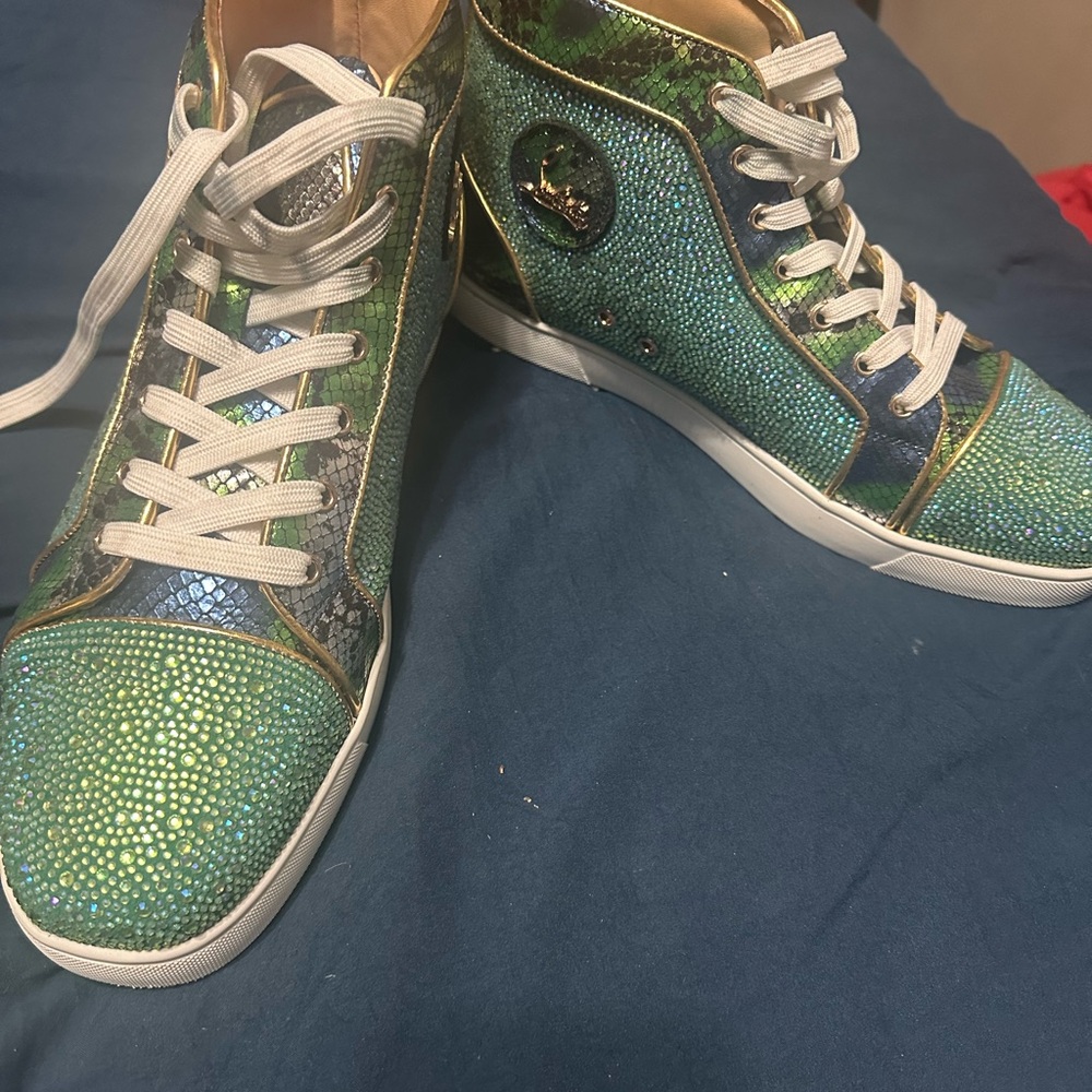 Men’s Christian Louboutin Emerald Like Green Crystal and Gold Sneakers Size 11